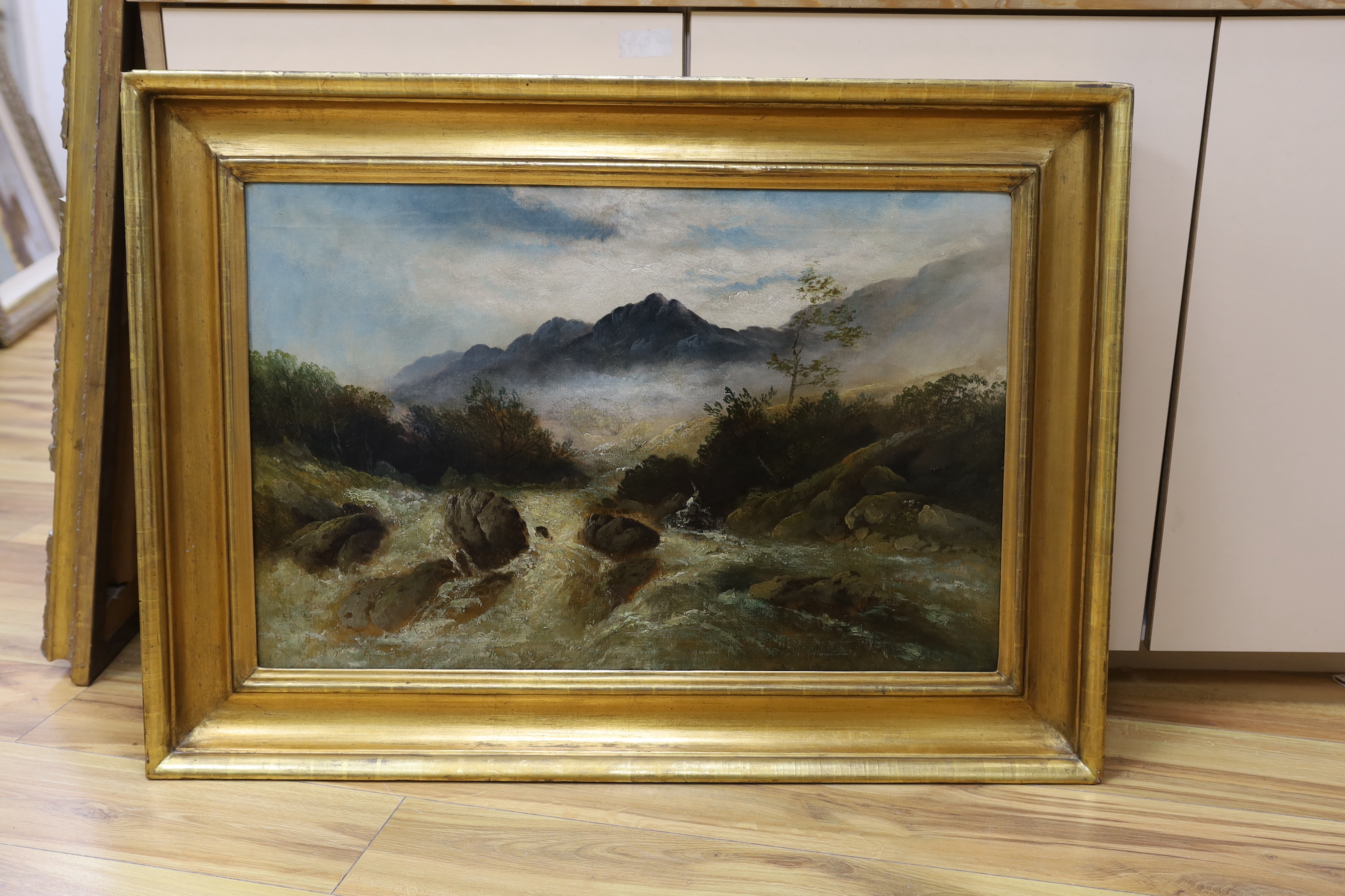 Attributed to William James Muller (1812-1845), oil on canvas, Mountain stream, signed, 48 x 74cm